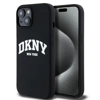 DKNY Skystas silikoninis dėklas MagSafe iPhone 15 Plus / 14 Plus su balto logotipo spauda - juodas (m)