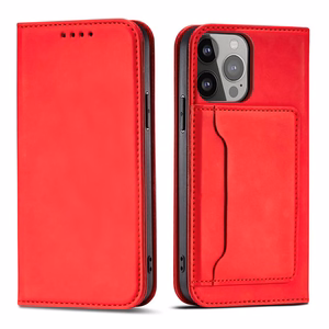 Magnet Card dėklas iPhone 14 Plus atveriamas dangtelis piniginė su stovu raudonas