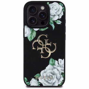 Guess Grained Roses Big 4G logo dėklas telefonui iPhone 16 Pro Max - juodas