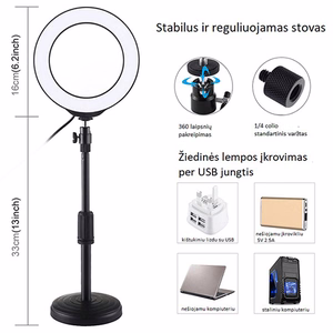 LED žiedinė lempa 16cm, su stovu 18-28cm, USB