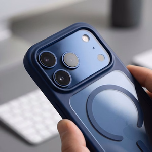 Tech-Protect MagOne MagSafe CC dėklas su 2 grūdintais stiklais, skirtas iPhone 18 Pro Max / 17 Pro Max, skaidrus tamsiai mėlynas