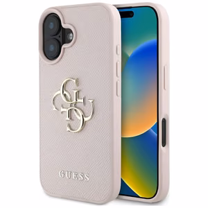 Guess grūdėtas didelio 4G logotipo klasikinis dėklas telefonui iPhone 16 - rožinė