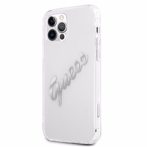 Guess GUHCP12MKTRSVSI iPhone 12/12 Pro 6.1" Skaidrus kietas dėklas Vintage Script Sidabrinis