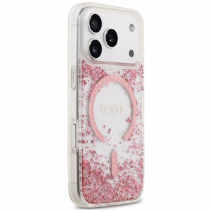 Guess Resin Bottom Glitter MagSafe dėklas, skirtas iPhone 18 Pro Max / 17 Pro Max, rožinis