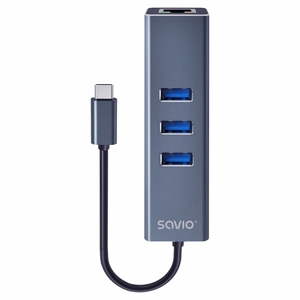 Savio AK-57 USB-C – 3x USB-A šakotuvas su RJ-45 gigabitų Ethernet adapteriu, 5000 Mbit/s, pilkas
