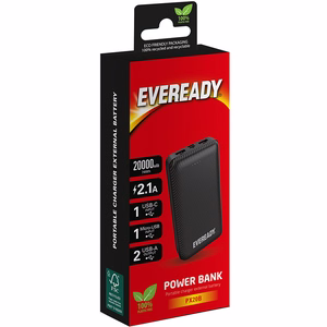 Eveready PX20B išorinė baterija, 20000 mAh, 2 × USB-A, juoda