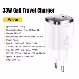 Įkroviklis Essager "Display" baltas 33W (2xPD) su LED ekranu