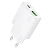 Borofone Įkroviklis BN25 Wish (Ultra Thin) - USB + Type-C - PD QC 3.0 30W baltas