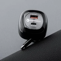FORCELL F-ENERGY Alu automobilinis įkroviklis su įtraukiamu kabeliu Type C ir Type C + USB A jungtimis PD QC4.0 SFC2.0 3A 75W juodas