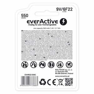everActive 6F22/9V Li-ion 550 mAh įkraunama baterija su USB Type-C