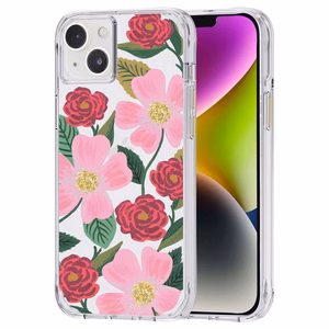 Rifle Paper Clear dėklas, skirtas iPhone 14 Plus, su aukso spalvos dekoru, „Rose Garden“ rašto