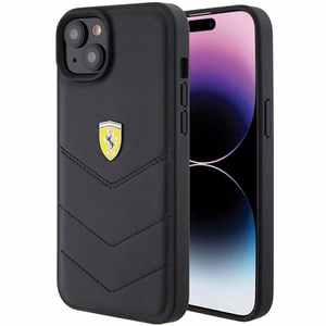 Ferrari FEHCP15MRDUK dėklas telefonui iPhone 15 Plus 6.7" juodas/juodas kietas su dygsniuotu metaliniu logotipu