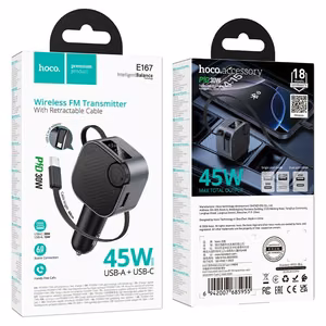 Įkroviklis automobilinis + FM transmiteris Hoco E167 45W (1xUSB bluetooth 6.0) juodas