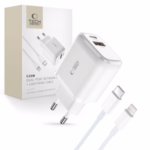 Tech-Protect C20W USB-C PD 20W / USB-A QC 3.0 įkroviklis su USB-C / Lightning kabeliu - baltas