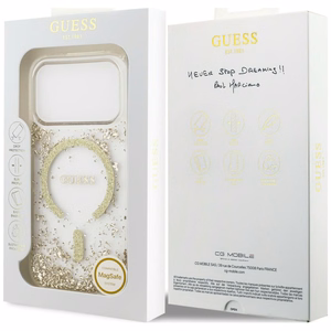 Guess Resin Bottom Glitter MagSafe dėklas, skirtas iPhone 18 Pro / 17 Pro, auksinis
