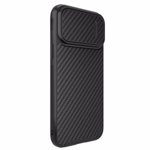 Nillkin Synthetic Fiber S dėklas iPhone 14 Pro Max su kameros dangteliu, juodas