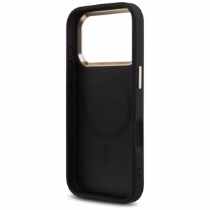 Guess PU Leather 4G Strass Triangle Logo Gold Frame MagSafe dėklas Apple iPhone 18 Pro, juodas