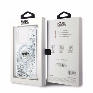 Karl Lagerfeld Skystas blizgutis Karl Head Magnetinis dėklas telefonui iPhone 15 Pro – permatomas