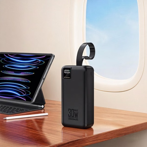 Wozinsky W8-W 30000 mAh 30W išorinė baterija, 2x USB-A, USB-C, su žibintuvėliu, juoda