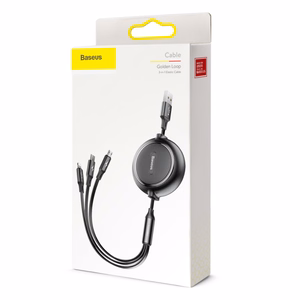 Baseus kabelis 3in1 Golden Loop ištraukiamas USB - micro USB + Lightning + USB-C 1,2m 3,5A juodas