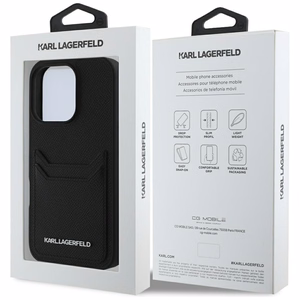 Karl Lagerfeld HC Grūdinto PU dėklas su kortelių skyriumi ir metaliniu Elong iPhone 16 Pro - juodas