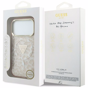 Guess IML Leopard Glitter Triangle Logo MagSafe dėklas, skirtas iPhone 17 Pro Max / 18 Pro Max – spalva: rožinė