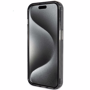 Guess dėklas telefonui su stovu Ring Stand Script Glitter magnetinis iPhone 15 Plus / 14 Plus - juodas
