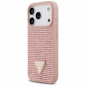 Guess dėklas telefonui iPhone 17 Pro su krištolinio trikampio logotipu - rožinis
