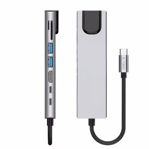 Tech-Protect HB09 USB šakotuvas 8in1 TYPE-C + USB-A 3.0 + USB-C 3.0 + HDMI 4K 60HZ + SD/TF + PD100W + RJ45 1000 MB/S - pilkas