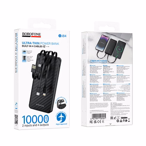 Borofone BJ84 Smooth išorinė baterija 10000mAh USB su USB, Type-C, Lightning ir Micro USB kabeliais juoda