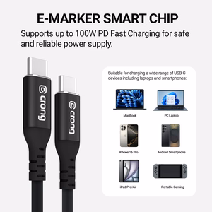Crong Soft Link USB-C–USB-C laidas, 1,2 m, 100 W PD, 5 A, juodas