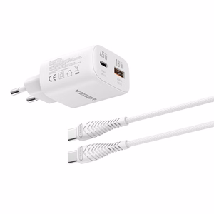 Telefono įkroviklis VEGER USB A + Type C PD Super Charge PPS 45W + duomenų kabelis Type C į C 100W TR101 baltas