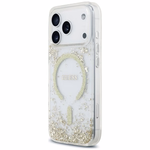 Guess Resin Bottom Glitter MagSafe dėklas, skirtas iPhone 18 Pro / 17 Pro, auksinis