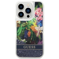 Guess GUHCP14LLFLSB iPhone 14 Pro 6.1 mėlynas / mėlynas kietasis dėklas Flower Liquid Glitter
