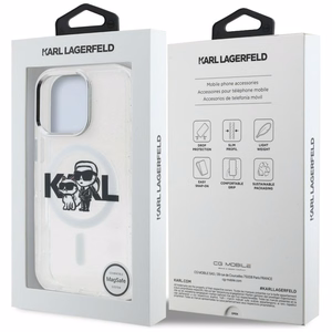 Karl Lagerfeld IML Glitter Karl & Choupette Sketch Logo MagSafe dėklas iPhone 16 Pro - skaidrus