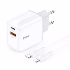 BWOO sieninis įkroviklis CDA182 QC 38W 1x USB-A + 1x USB-C su USB-C C-Lightning kabeliu 1 m juodas