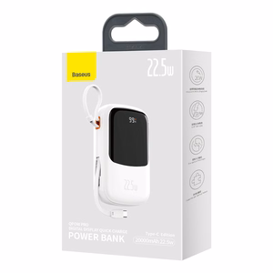 Baseus Qpow su skaitmenine indikacija išorinė baterija su greitu įkrovimu 20000mAh 22.5W QC/PD/SCP/FCP su įmontuotu USB-C kabeliu balta