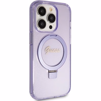 Guess dėklas telefonui su stovu Ring Stand Script Glitter magnetinis iPhone 15 Pro Max - violetinis
