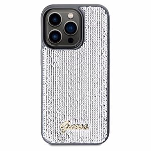 Guess Sequin Script Metal dėklas telefonui iPhone 14 Pro Max – sidabrinis