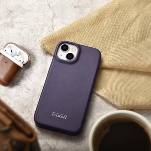iCarer CE Premium odinis folio dėklas iPhone 14 Plus magnetinis atverčiamas odinis folio dėklas MagSafe tamsiai violetinė