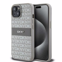 DKNY Odinis mono juosta ir metalinis logotipas dėklas telefonui iPhone 15 Plus / 14 Plus - smėlio