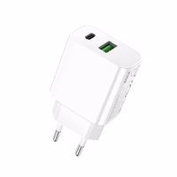 Rock sieninis įkroviklis T43 - USB + Type C - QC 3.0 PD 20W 3A baltas