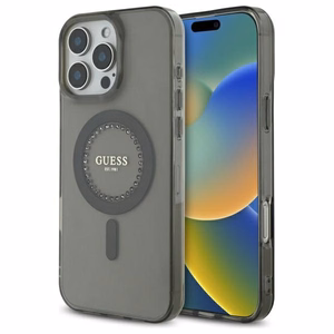 Guess IML Rhinestones Magnetinis dėklas telefonui iPhone 16 Pro - juodas