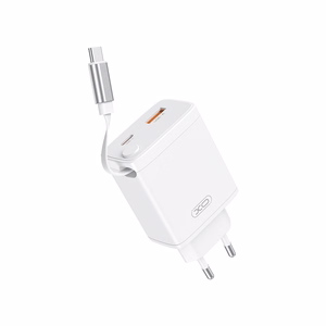 XO wall įkroviklis CE31 1x USB 1x USB-C 30W baltas with retractable USB-C laidas