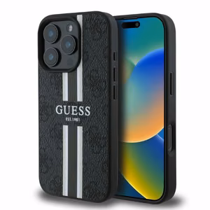 Guess 4G dryžuotas magnetinis dėklas telefonui iPhone 16 Pro Max - juoda