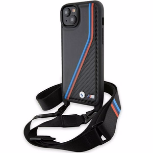 BMW M Edition anglies trispalvės linijos ir dirželis dėklas telefonui iPhone 15 Plus / 14 Plus - juodas