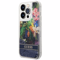 Guess Flower Liquid Glitter dėklas telefonui iPhone 14 Pro Max - mėlynas