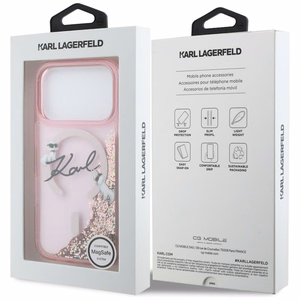 Karl Lagerfeld Liquid Glitter Karl Script Logo MagSafe Dėklas for iPhone 17 Pro - rožinis