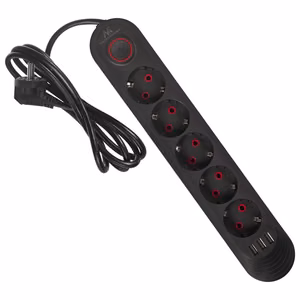 Maclean elektros paskirstytuvas, 5 lizdai + 3xUSB prailginimo laidas, 110–240 V kintama srovė, 50/60 Hz, 2,1 A, maks. 2500 W, 1,5 m, juodas, MCE395 B
