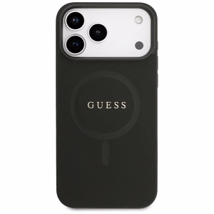 Guess Saffiano klasikinis MagSafe dėklas telefonui iPhone 17 Pro Max su logotipu - juodas